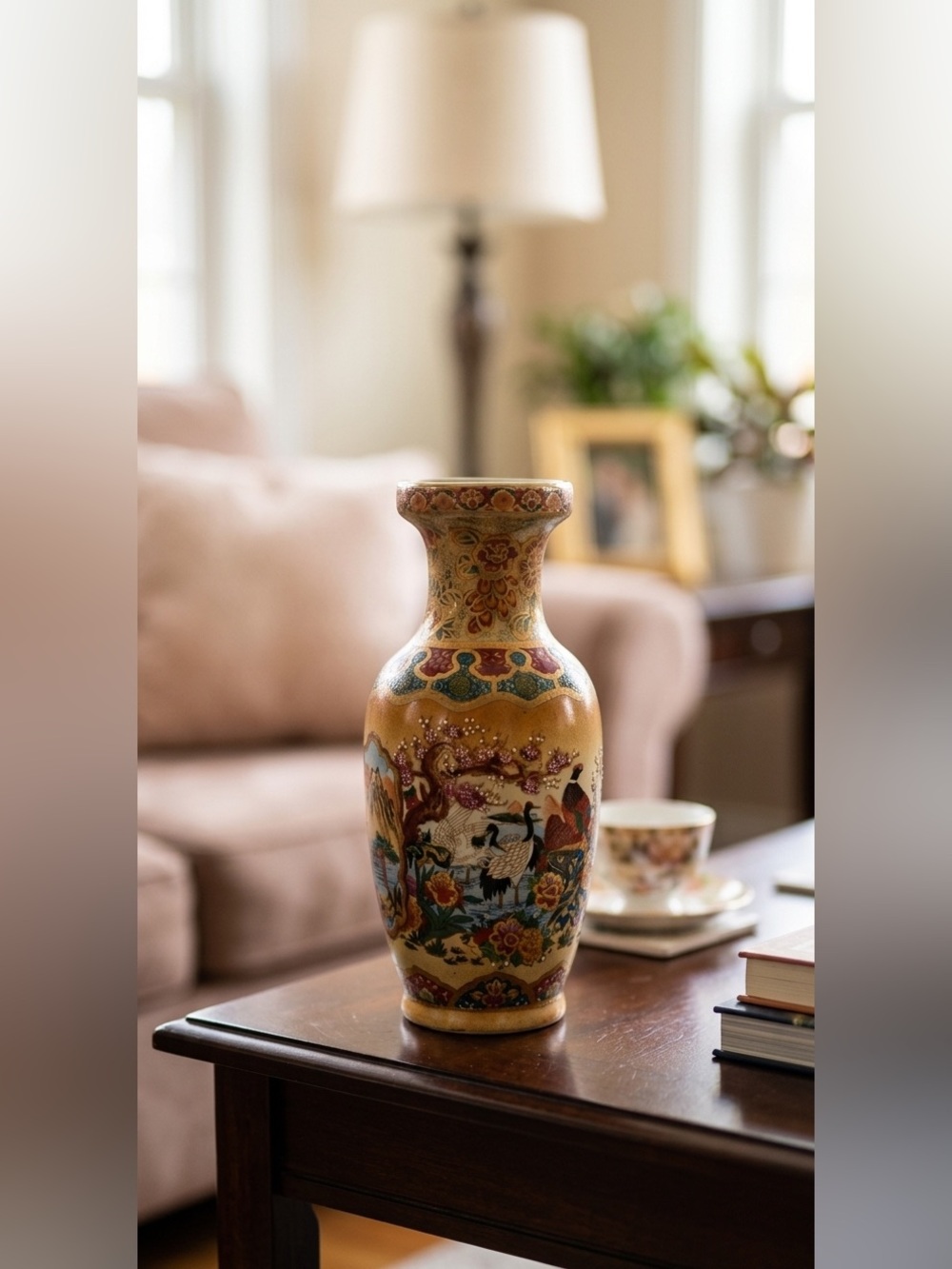 Vintage Late-20th Century Satsuma Style Porcelain Crane Vase